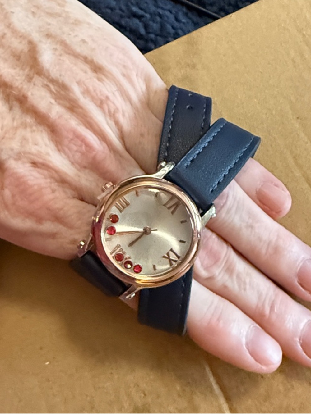 Unique double-wrap band watch: Navy faux leather and “rubies”
